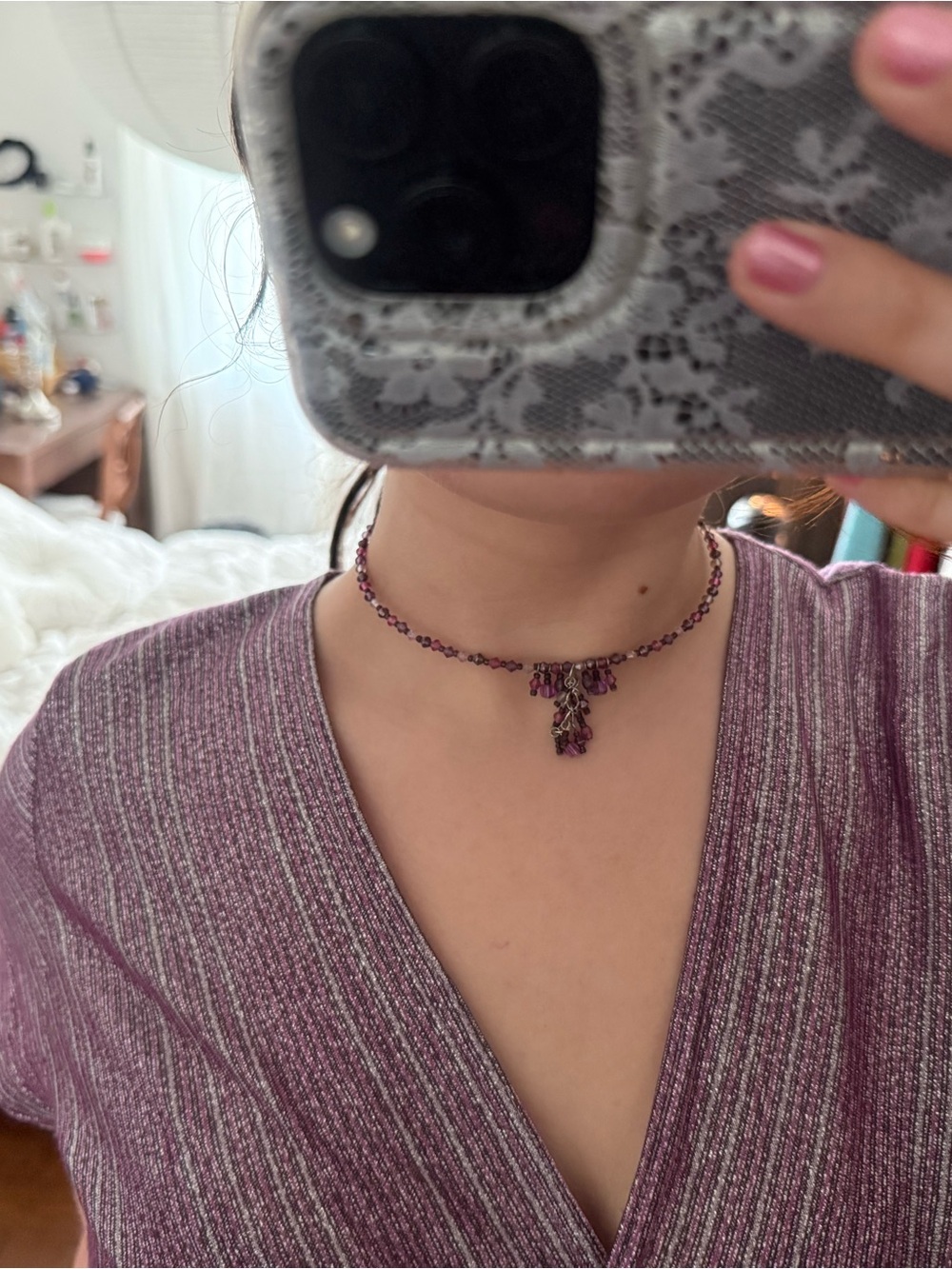 Vintage Purple and Pink Beaded Choker Necklace - Women Jewelry